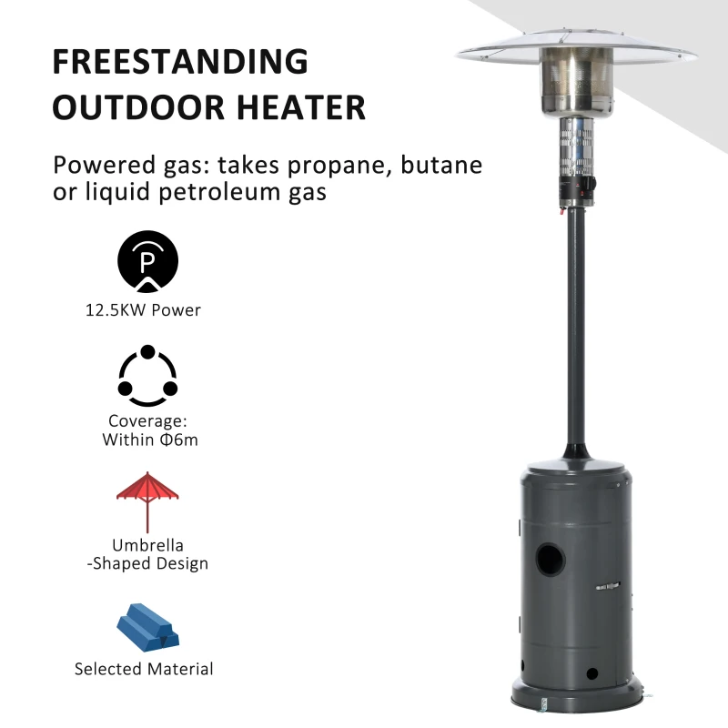 Outsunny 12.5KW Outdoor Gas Patio Heater Standing Propane Heater w/ Wheels Dust Cover