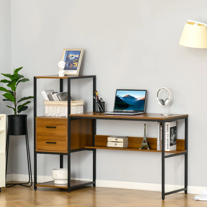 HOMCOM Computer Desk with Storage Shelves and Drawers, 140 x 50cm Industrial Writing Desk, Study Workstation, Light Walnut Brown