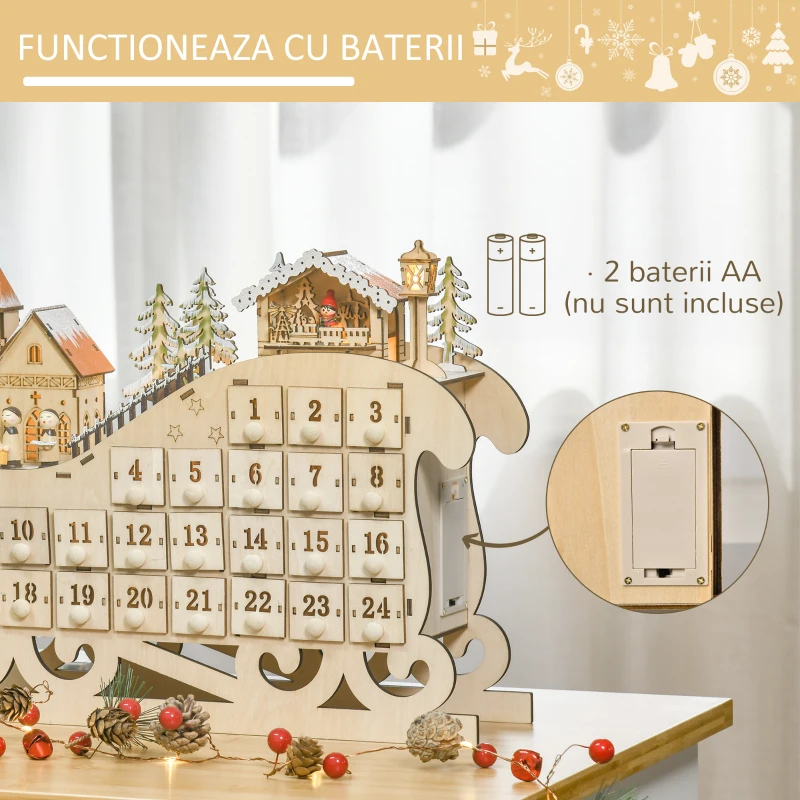 HOMCOM Calendar de Advent din Lemn 24 de Sertare si Lumini LED 45x10x31cm