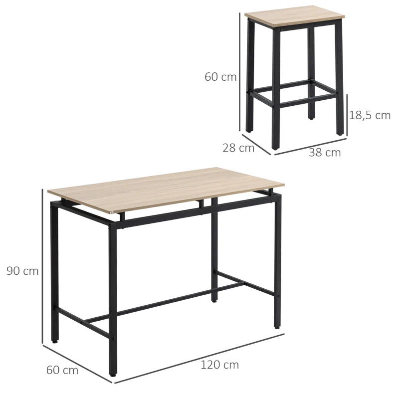 HOMCOM Bartisch, Barhocker, 5-teiliges Set, Industrial Design, Stahlrahmen, Eiche+schwarz, 120 x 60 x 90cm