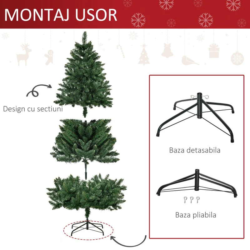 HOMCOM Brad de Craciun 180cm artificial baza detasabila 724 ramuri PVC si otel