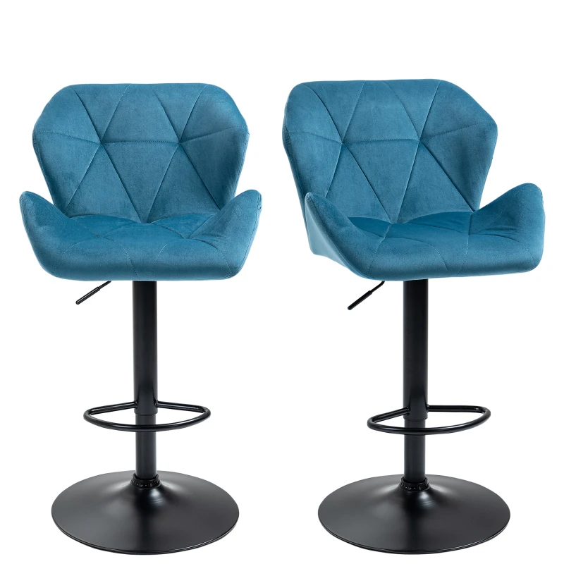 HOMCOM Bar Stools Set Of 2, Luxurious Velvet-Touch Barstools with Metal Frame Footrest Round Base Triangle Indenting Moulded Seat Adjustable Height Swivel Blue
