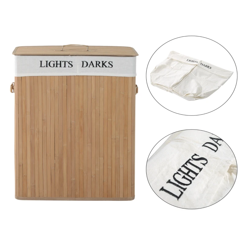 HOMCOM Cos de rufe din bambus cu capac si captuseala detasabila, natural, 52x32x63cm