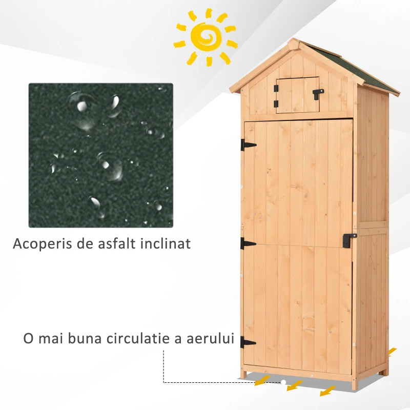 Outsunny Dulap de Gradina Extern Pentru Scule Ustensile in Lemn cu 3 Rafturi Acoperis Impermeabil 77 × 54.2 × 179cm Lemn Natural