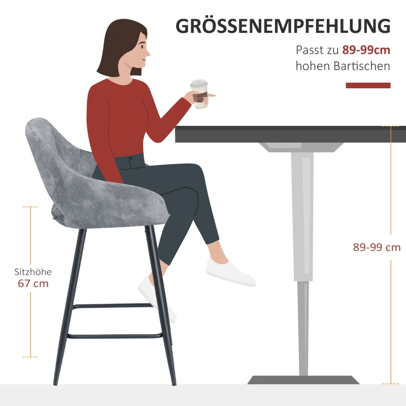 HOMCOM set van 2 barkrukken in retrostijl, fluwelen look, inclusief voetsteun 50 cm x 53 cm x 94 cm grijs