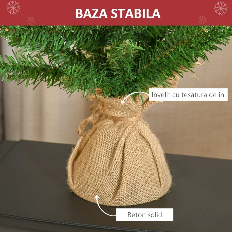 HOMCOM 60cm Mini Brad de Craciun Artificial, Pin, 70 Ramuri, Geanta de baza in iuta, PVC