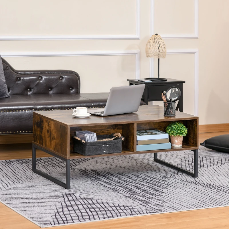 HOMCOM Lift Top Coffee Table, Industrial Coffee Table with Hidden Storage, Drawer and 2 Compartments, Extendable Living Room Table with Metal Frame, Rustic Brown