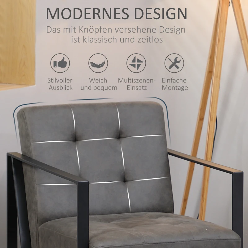 HOMCOM Sessel, Stuhl, modernes Design, Knopfverzierung, Stahlrahmen, dicke Polsterung, dunkelgrau, 62 x 77 x 84cm