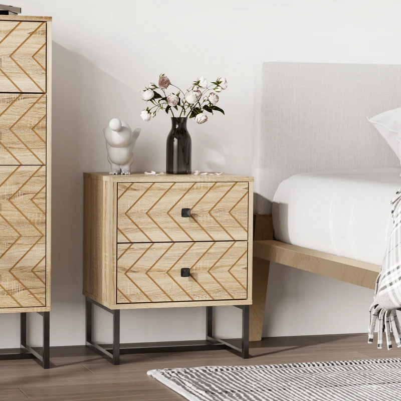 HOMCOM Bedside Table, Modern Nightstand with 2 Drawers, Zig Zag Design, Bedroom Night Table, Natural