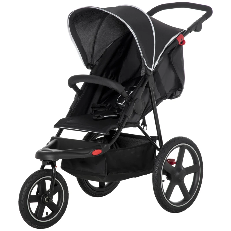 HOMCOM Foldable Three-Wheeler Baby Stroller w/ Canopy, Storage Basket - Black