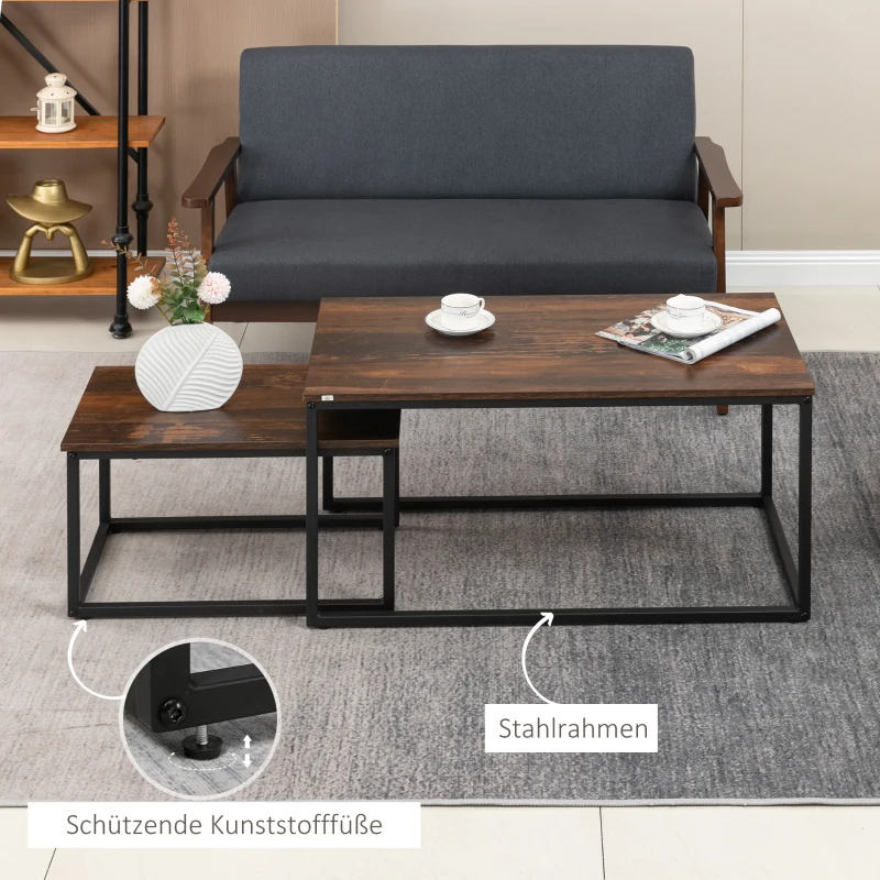 HOMCOM 2er-Set Couchtische im Industriedesign, stapelbar, 90 cm x 48 cm x 49 cm, Schwarz + Braun