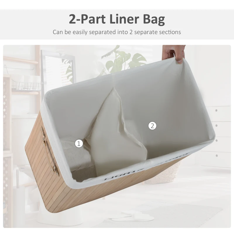 HOMCOM Cos de rufe din bambus cu capac si captuseala detasabila, natural, 52x32x63cm