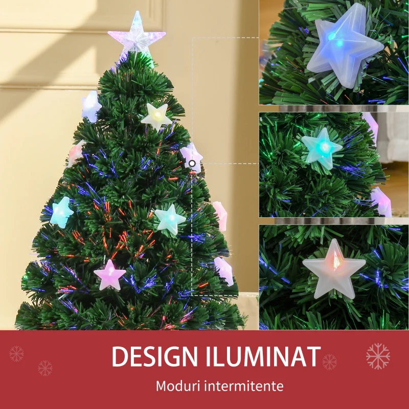 HOMCOM Brad de Crăciun 90cm cu 90 Ramuri din PVC cu Fibră Optică și 12 becuri LED