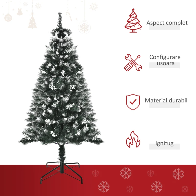 HOMCOM Brad de Craciun Inzapezit Fructe de Padure Albe Baza Pliabila 378 Ramuri 150cm