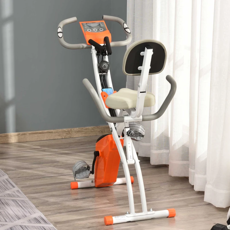 HOMCOM 2-in-1 Folding Exercise Bike with 8-Level Magnetic Resistance, Arm Resistance Band, Pulse Sensor, Orange(m-14)