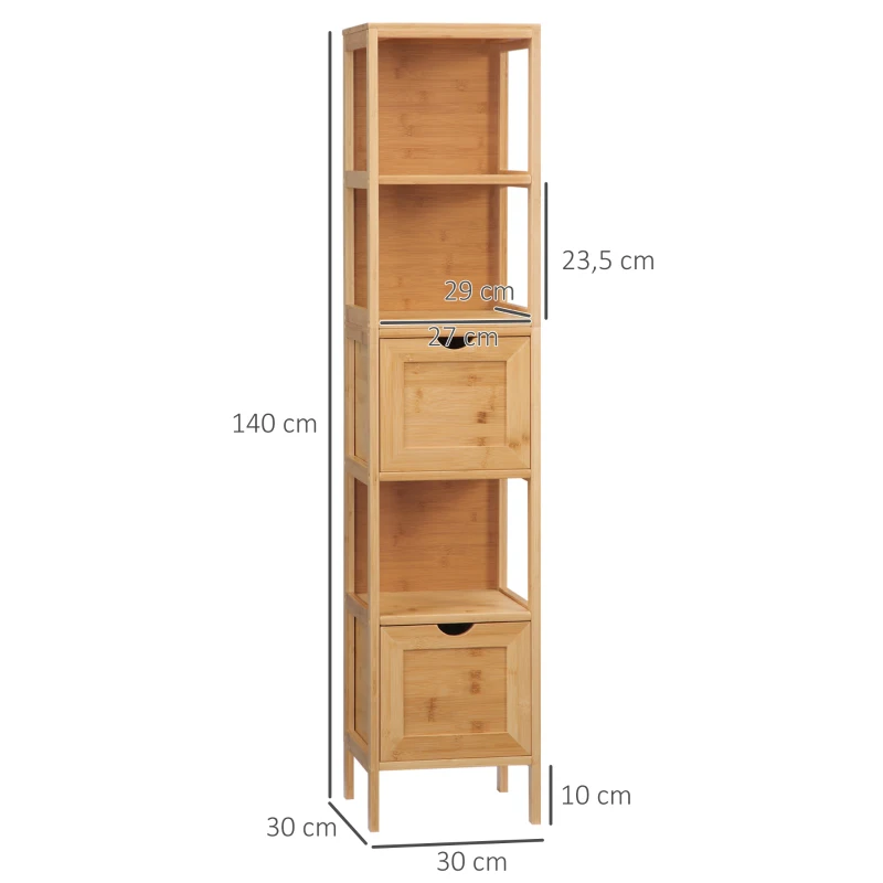 Kleankin Bathroom Cabinet, 3 Shelves, 2 Drawers, Bamboo, 30 cm x 30 cm x 140 cm, Natural