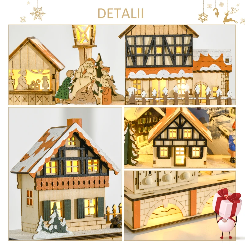 HOMCOM Calendar de Advent din Lemn 24 de Sertare Satul de Craciun si Lumini