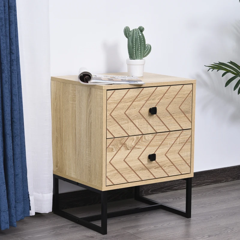 HOMCOM Bedside Table, Modern Nightstand with 2 Drawers, Zig Zag Design, Bedroom Night Table, Natural