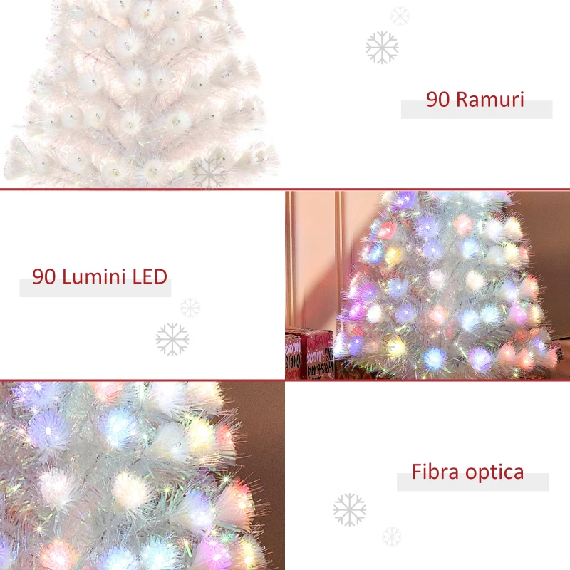 HOMCOM HOMCM Brad de Craciun Artificial Alb 90 Lumini LED Colorate si Fibre Optice