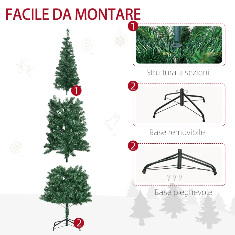 HOMCOM Albero di Natale Slim Artificiale 210 cm con Rami Realistici, Albero di Natale Alto e Stretto con Base Pieghevole, Verde
