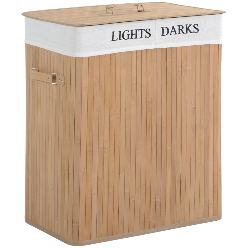 HomCom Cos de rufe din bambus cu capac si captuseala detasabila, natural, 52x32x63cm