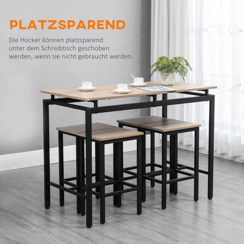 HOMCOM Bartisch, Barhocker, 5-teiliges Set, Industrial Design, Stahlrahmen, Eiche+schwarz, 120 x 60 x 90cm