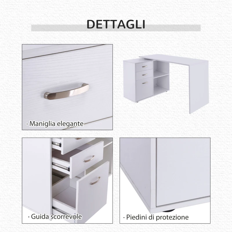 HOMCOM Scrivania Angolare per PC con 2 Cassetti e Ripiani Aperti, Scrivania ad Angolo Forma a L in Legno e Metallo, 117x83.5x76 cm, Bianco