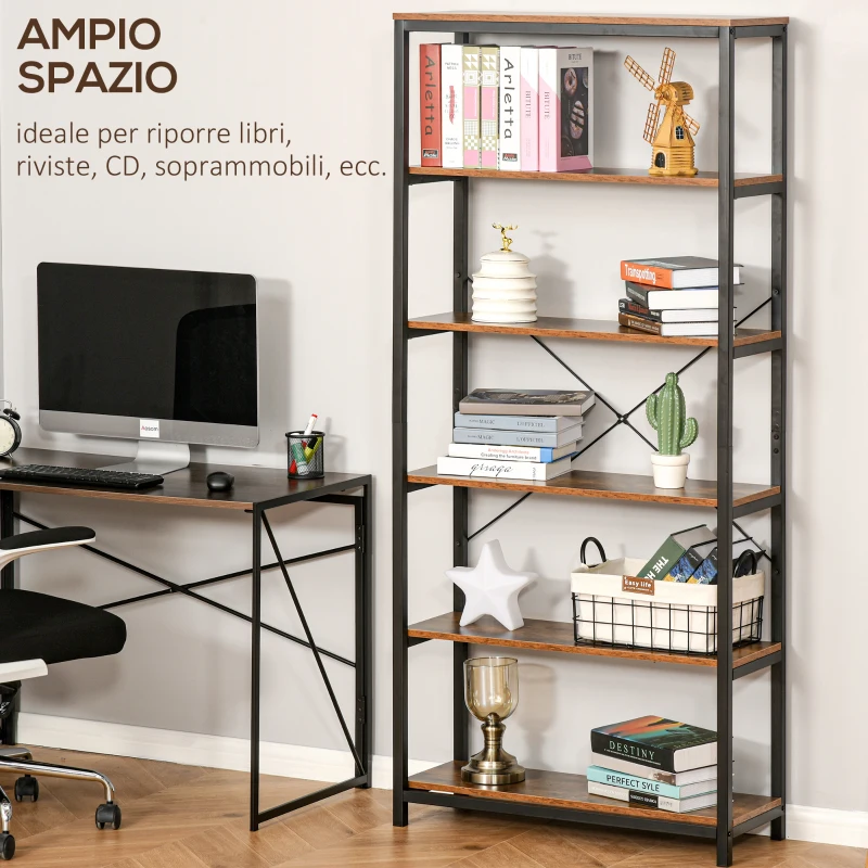 HOMCOM Libreria Verticale in Stile Industriale Vintage, Scaffale Salvaspazio con 6 Mensole in Legno e Metallo Nero, 80x30x180cm