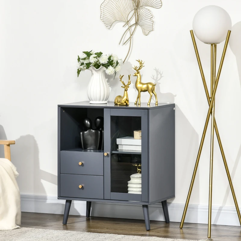 HOMCOM Modern Sideboard, Storage Cabinet with Glass Door Cupboard, 2 Drawers, Bedside Table for Bedroom, Living Room, Grey