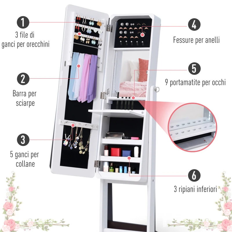 HOMCOM Armadio Portagioie Portagioielli con Specchio Regolabile e Illuminazione LED, Legno, Bianco, 30x146x36 cm