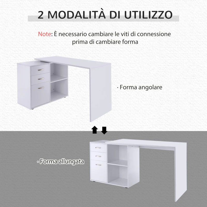 HOMCOM Scrivania Angolare per PC con 2 Cassetti e Ripiani Aperti, Scrivania ad Angolo Forma a L in Legno e Metallo, 117x83.5x76 cm, Bianco