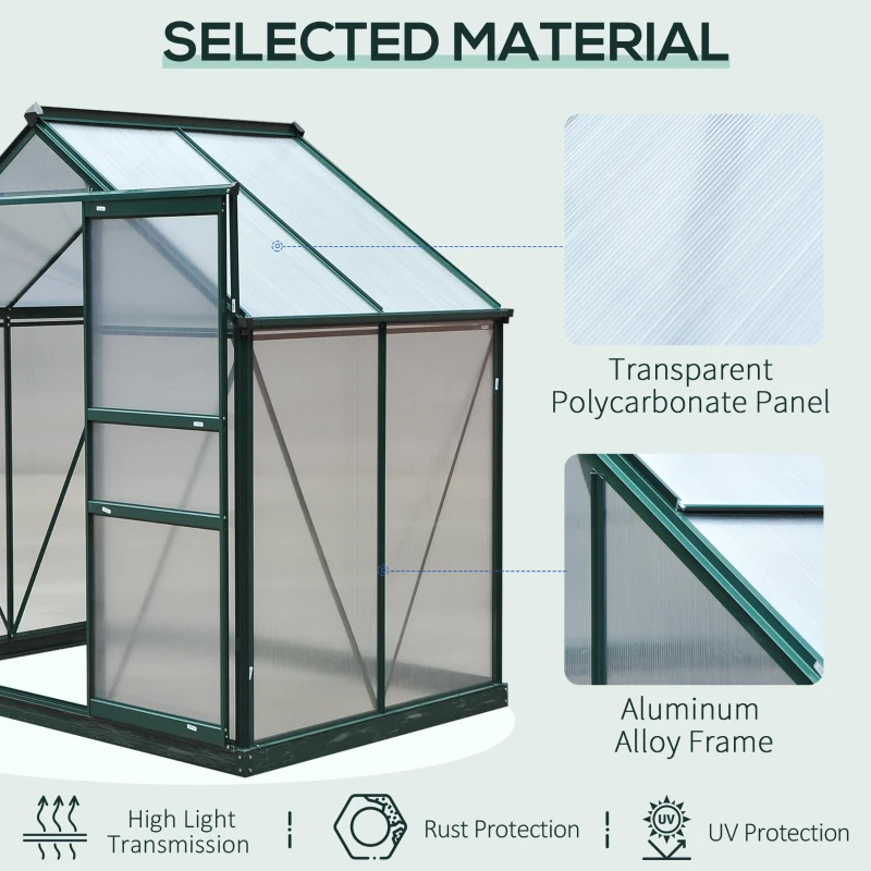 Outsunny 6 x 4ft Polycarbonate Greenhouse - Large Walk-In Green House with Sliding Door and Window, Garden Plant Growth House with Aluminium Frame and Foundation, Dark Green(m-5)