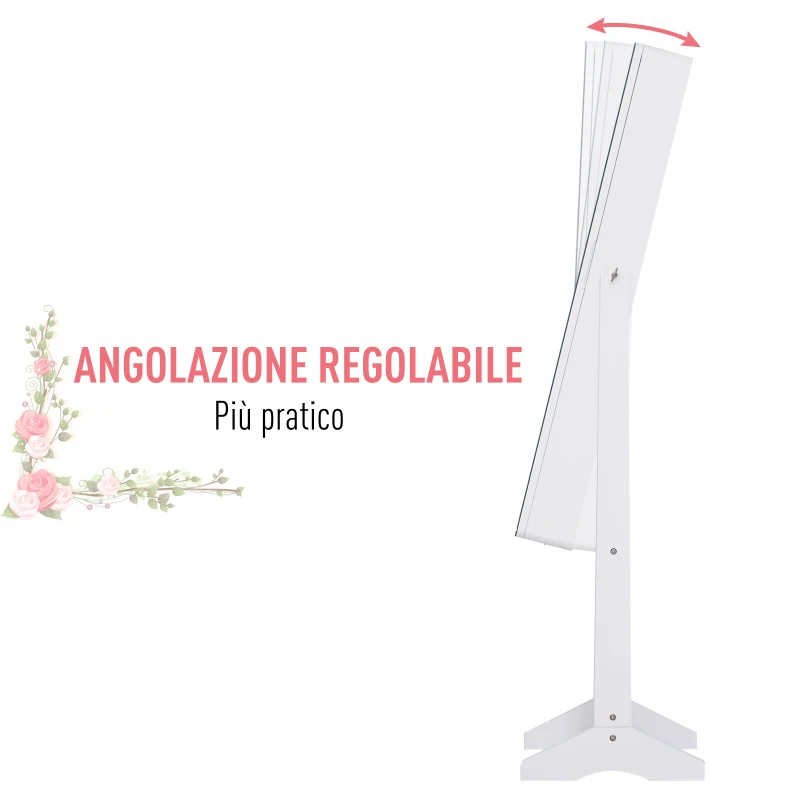 HOMCOM Armadio Portagioie Portagioielli con Specchio Regolabile e Illuminazione LED, Legno, Bianco, 30x146x36 cm