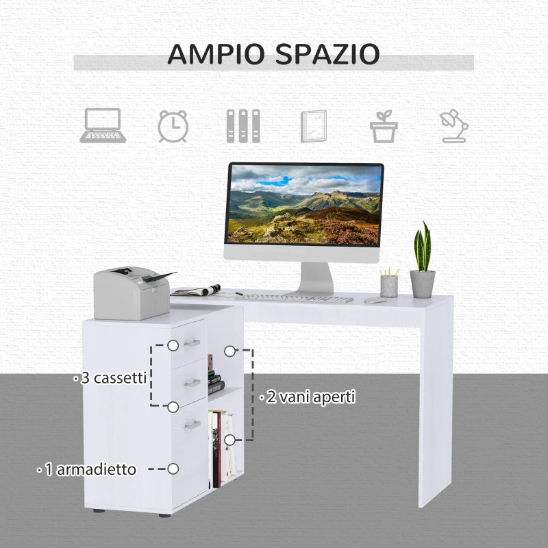 HOMCOM Scrivania Angolare per PC con 2 Cassetti e Ripiani Aperti, Scrivania ad Angolo Forma a L in Legno e Metallo, 117x83.5x76 cm, Bianco