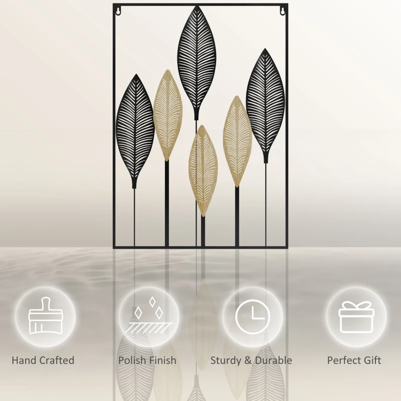 HOMCOM Modern 3D Metal Wall Art, Banana Leaves Hanging Wall Sculpture for Living Room Bedroom Dining Room Decor, Black Beige