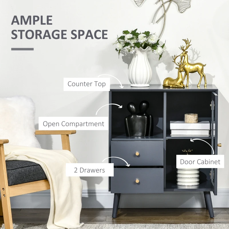 HOMCOM Modern Sideboard, Storage Cabinet with Glass Door Cupboard, 2 Drawers, Bedside Table for Bedroom, Living Room, Grey