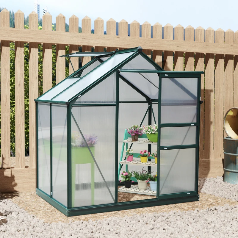 Outsunny 6 x 4ft Polycarbonate Greenhouse - Large Walk-In Green House with Sliding Door and Window, Garden Plant Growth House with Aluminium Frame and Foundation, Dark Green(m-10)