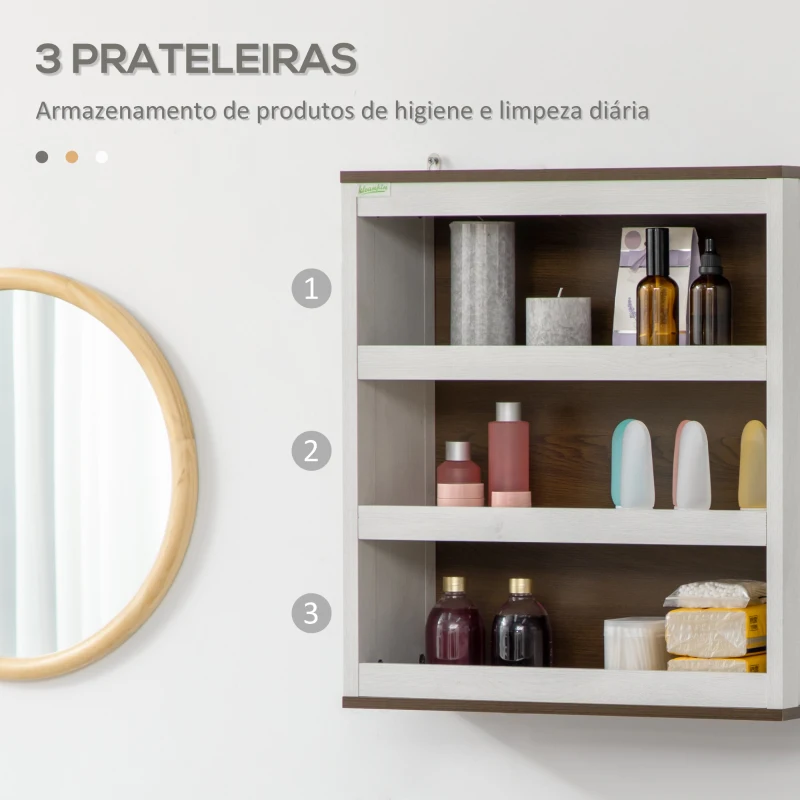 kleankin Estante de Casa de Banho de Parede Moderna Móvel Suspenso de Casa de Banho com 3 Prateleiras 50x20x56cm Branco e Nogueira