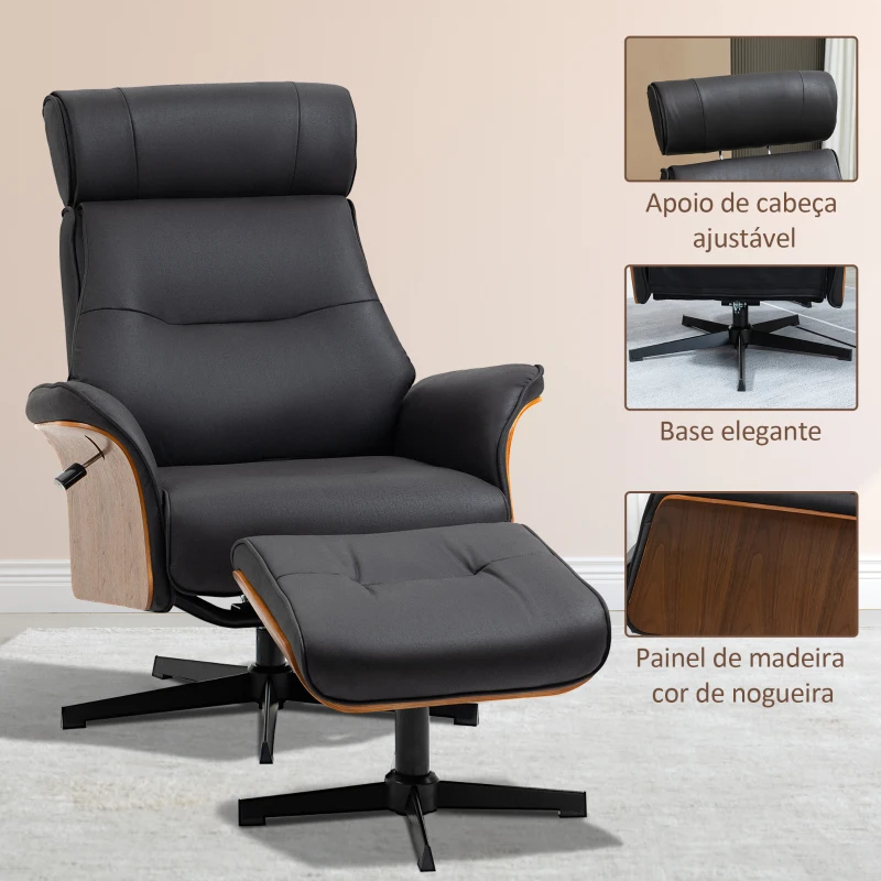 HOMCOM Poltrona Relax com Apoio para os Pés Reclinável até 135° Giratória 360° com Apoio para Cabeça Ajustável 84x83x103cm Preto