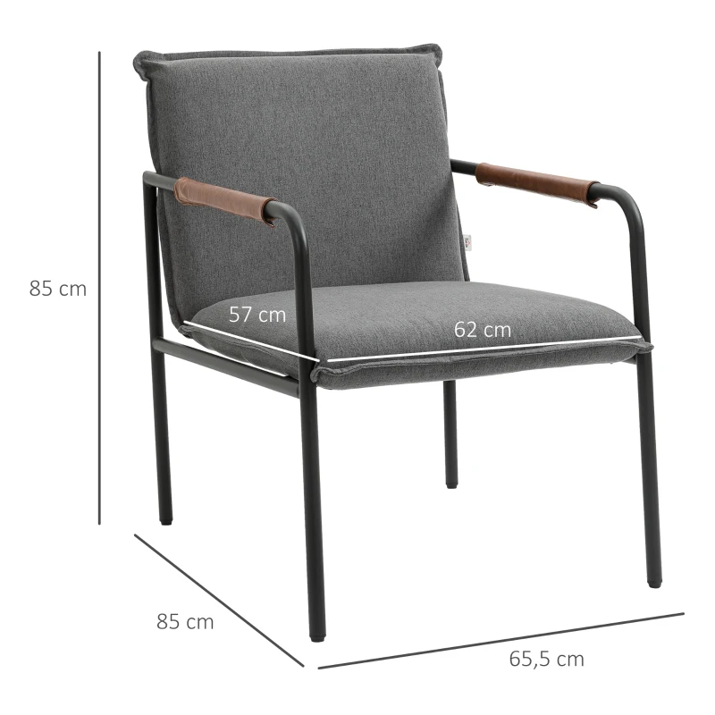 HOMCOM Fauteuil de salon assise revêtement synthétique avec accoudoir structure en acier 65,5Ll x 85P x 85H cm gris