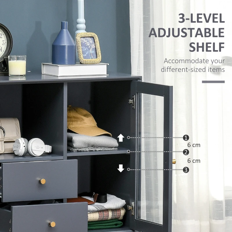 HOMCOM Modern Sideboard, Storage Cabinet with Glass Door Cupboard, 2 Drawers, Bedside Table for Bedroom, Living Room, Grey