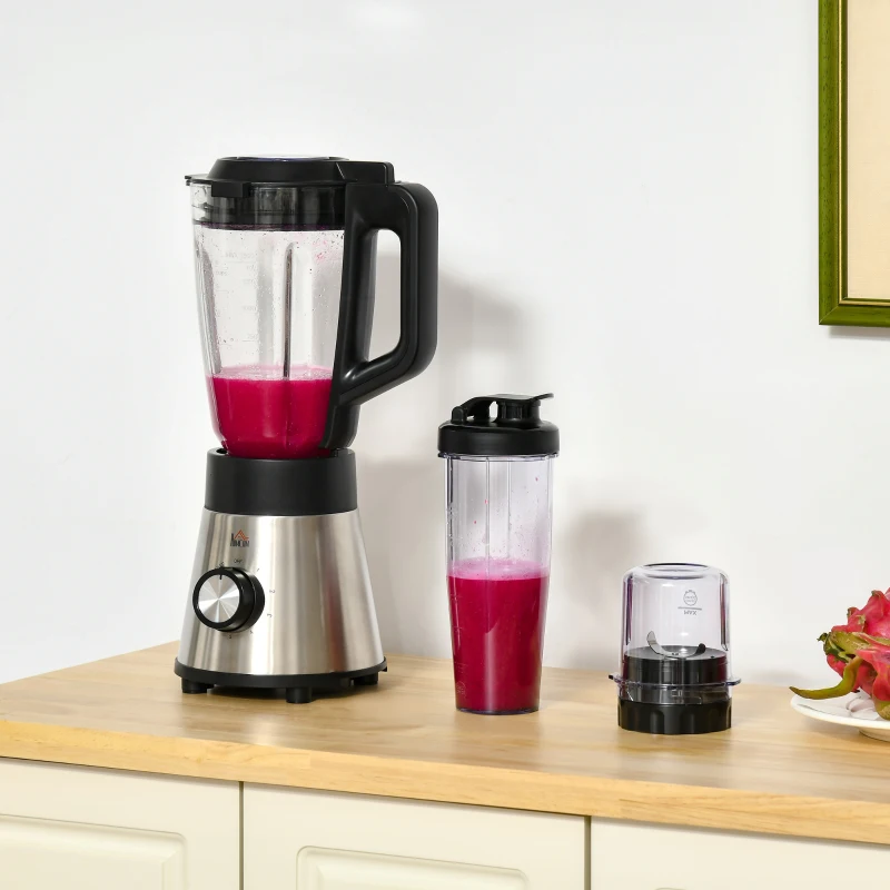 HOMCOM Blender Smoothie Maker, 900W Countertop Blender with 5 Speed Setting, Pulse Function, 1.5L Mix Cup, Portable Cup and Grinder for Ice, Fruit, Vegetable and Nut