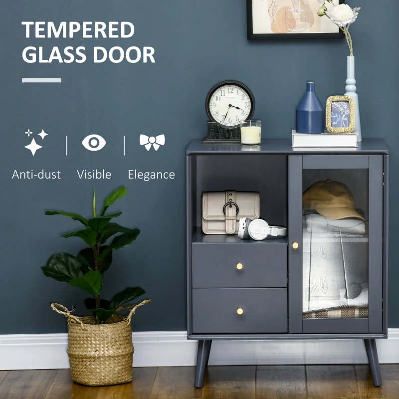 HOMCOM Modern Sideboard, Storage Cabinet with Glass Door Cupboard, 2 Drawers, Bedside Table for Bedroom, Living Room, Grey