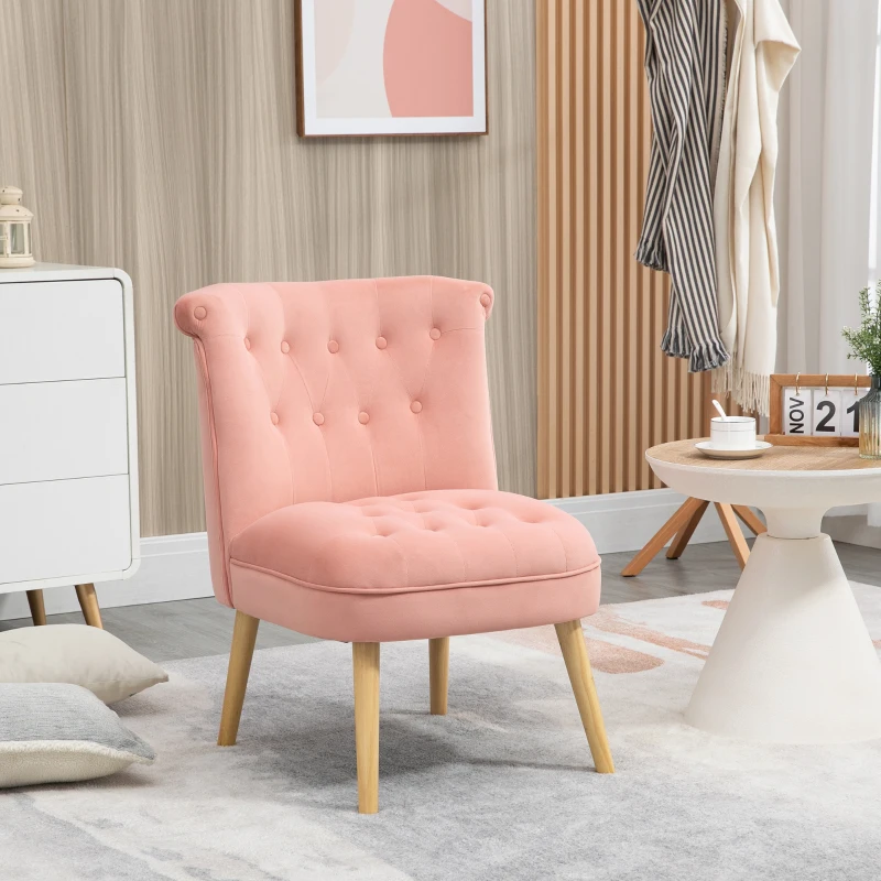 HOMCOM Scaun modern de accent capitonat, fotoliu de catifea pentru dormitor cu picioare din lemn, roz