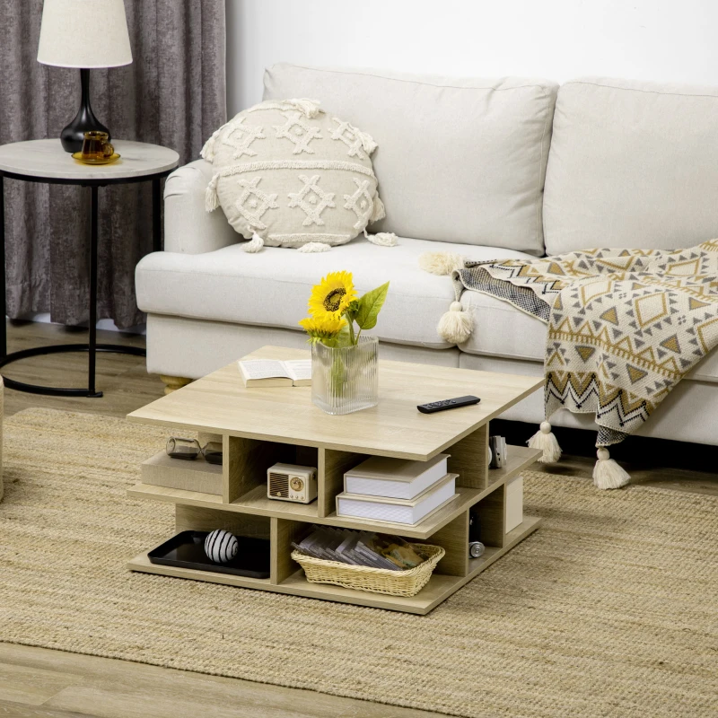 HOMCOM Mese de cafea patrata pentru camera de zi, masa de cocktail moderna cu rafturi multiple de depozitare, 70 x 70 x 36,5 cm, naturala