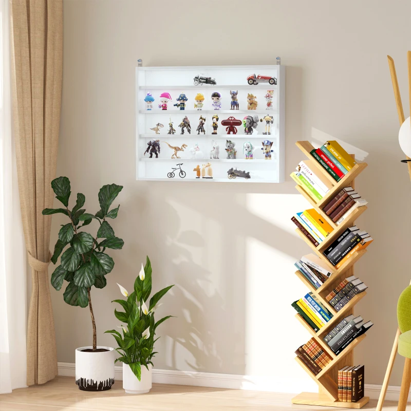 HOMCOM 5-Tier Wall Display Shelf Unit Cabinet w/ 4 Adjustable Shelves Glass Doors Home Office Ornaments 60x80cm White