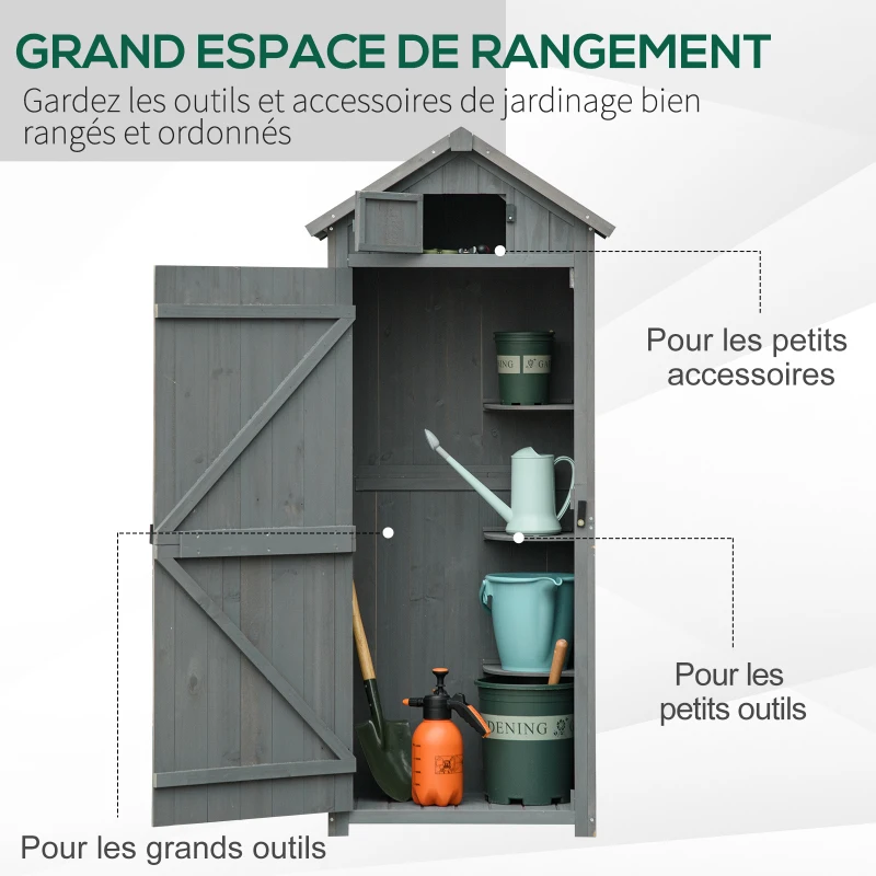Outsunny Armoire de jardin extérieur abri de jardin en bois abri pour outils 3 étagères 2 Portes loquets Toit Pente bitumé rangement et stockage extérieurs 77 x 54 x 179 cm Sapin traité Gris