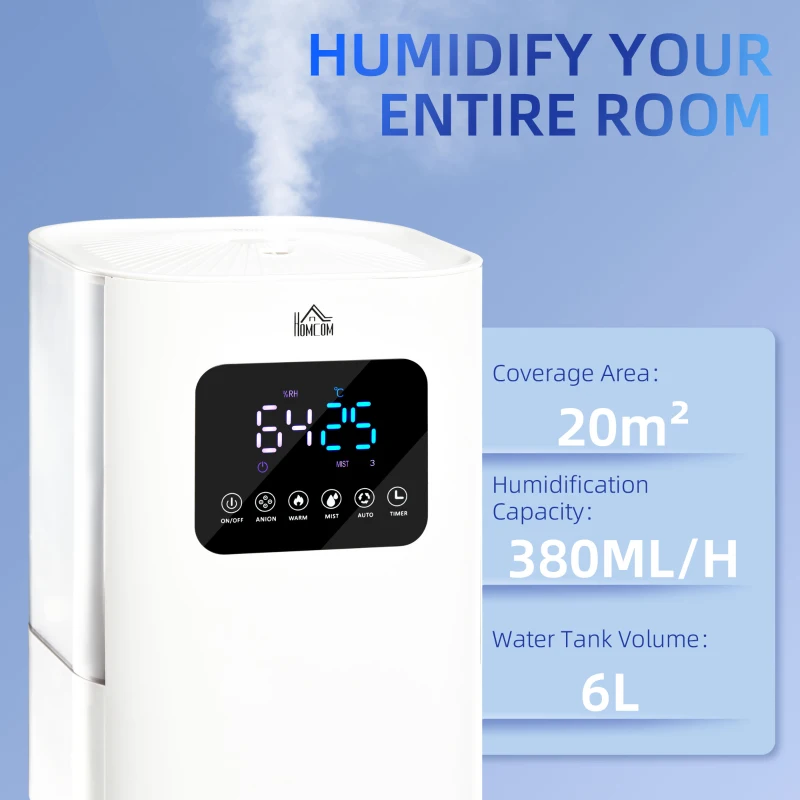 HOMCOM 6L Warm Cool Mist Humidifiers for Bedroom, Up to 13H for 40 ㎡, Quiet Air Humidifiers with Remote, LED Display, Auto Mode, White
