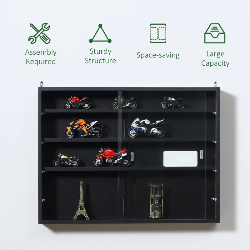 HOMCOM 5-Tier Wall Display Shelf Unit Cabinet w/ 4 Adjustable Shelves Glass Doors Home Office Ornaments 60x80cm Black