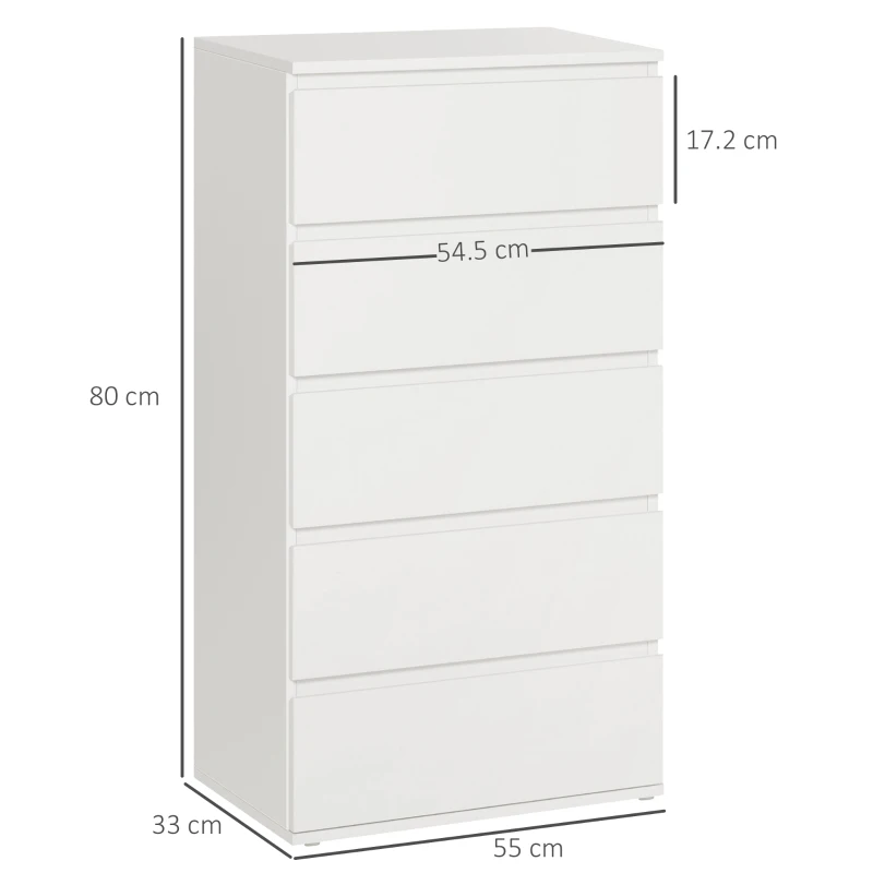 HOMCOM Chest of Drawers, 5 Drawers Storage Cabinet Floor Tower Cupboard for Bedroom Living Room, White
